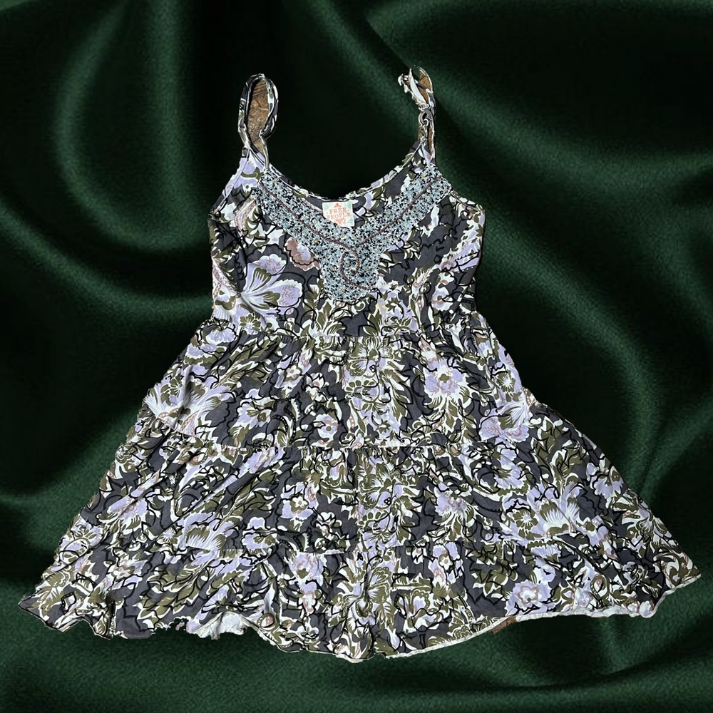 Free People Ruffle Tiered Babydoll Spaghetti Strap Dress w/ Sequin Collar Small